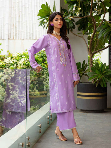 Lavender (Lilac) – Embroidered 2-Piece Cotton Lawn Outfit For Women